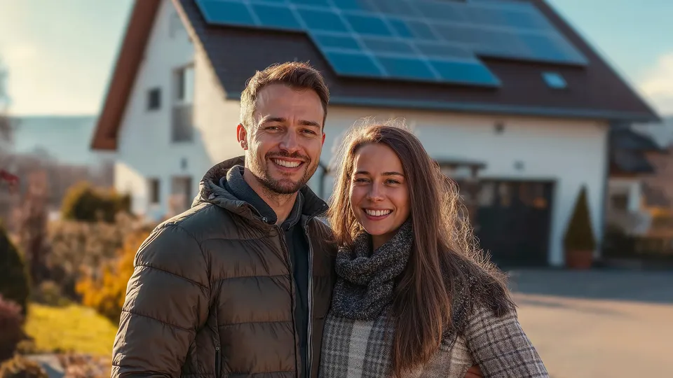 Couple smiling in front of house with solar panels.