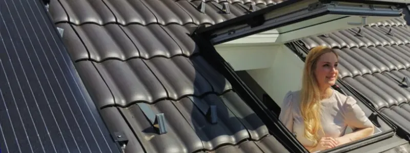 Green Solar GmbH – Frau blickt aus Dachfenster neben Photovoltaikanlage auf Ziegeldach.