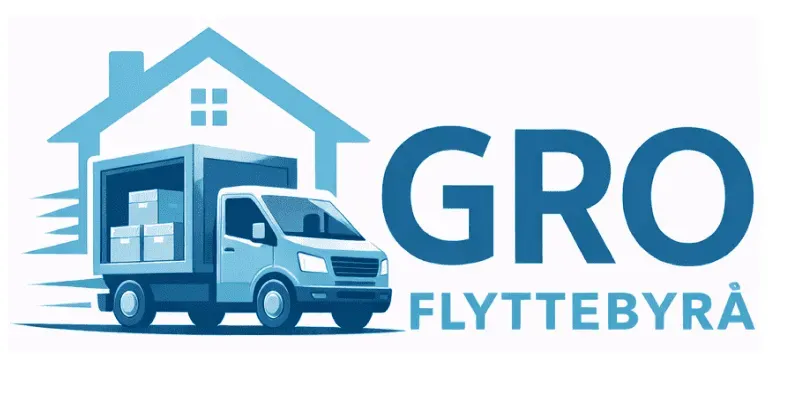 Logoen til GRO flyttebyrå med silhuettene av et hus med en lastebil i forgrunnen