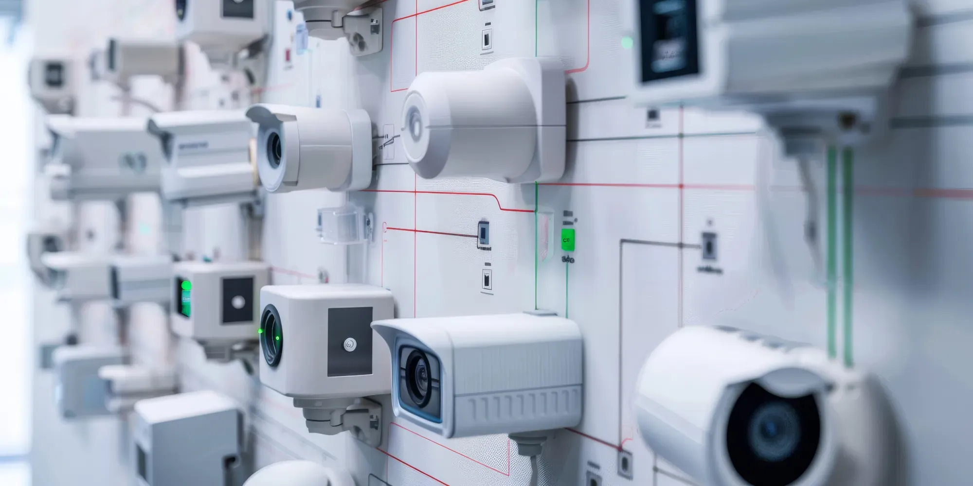 Multiple security cameras and monitoring devices mounted on white wall with red wiring.