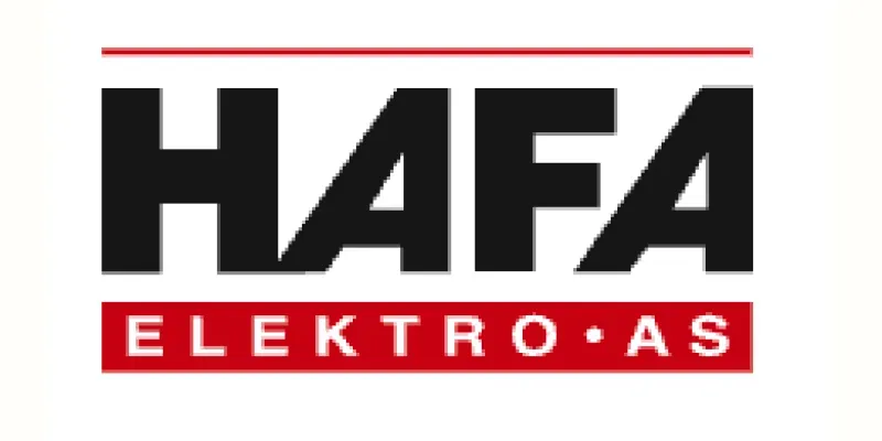 HAFA ELEKTRO AS bedriftslogo med sort tekst og rød banner.