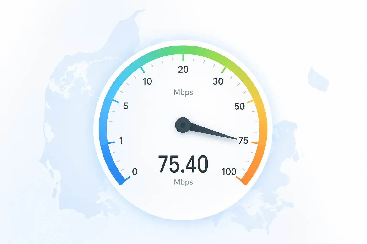 Internethastighedsmåler viser 75,40 Mbps downloadhastighed.