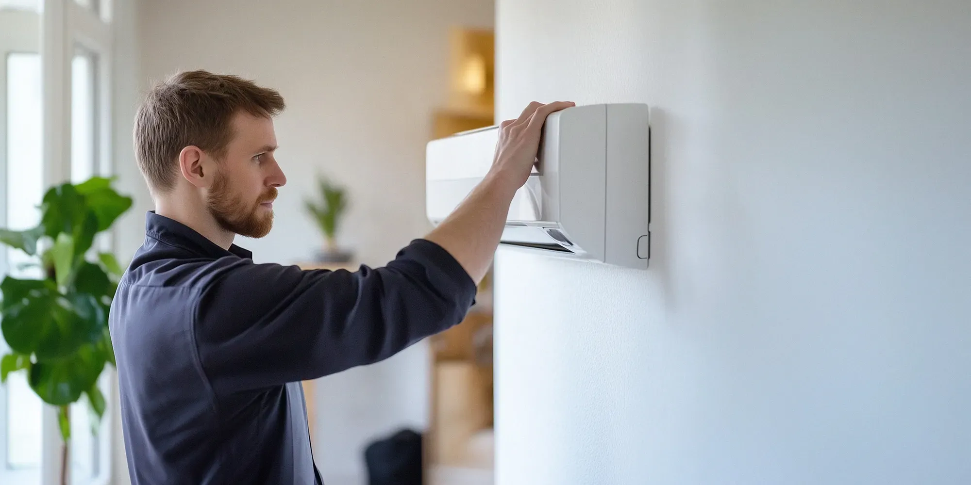 A man touching a wall-mounted air conditioner unit.