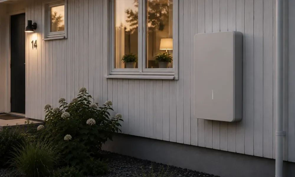 Modernt hus med väggmonterat hembatteri.