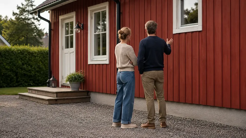 Två husägare granskar fasaden på ett rött trähus.