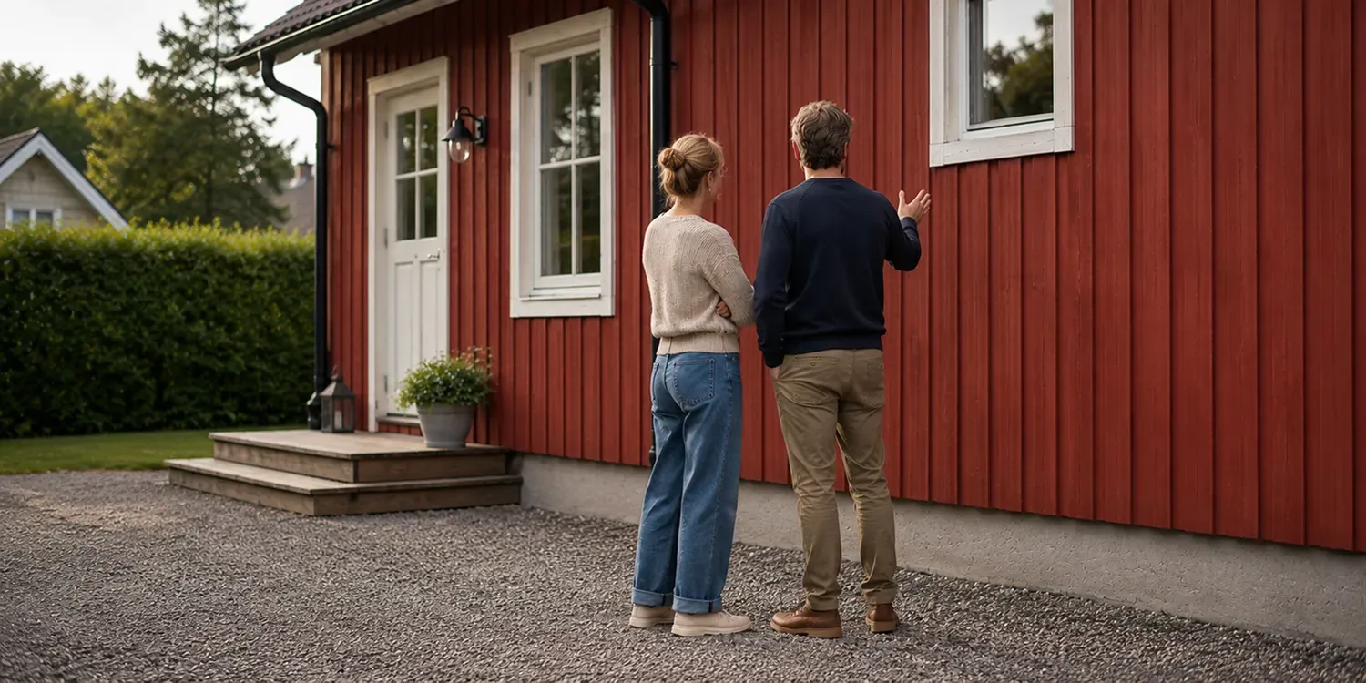 Två husägare granskar fasaden på ett rött trähus.