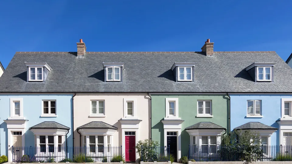 Row of colourful terraced houses on a sunny Dublin street