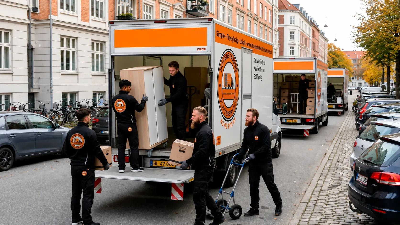 Flyttearbejdere læsser møbler ind i leveringsbil.