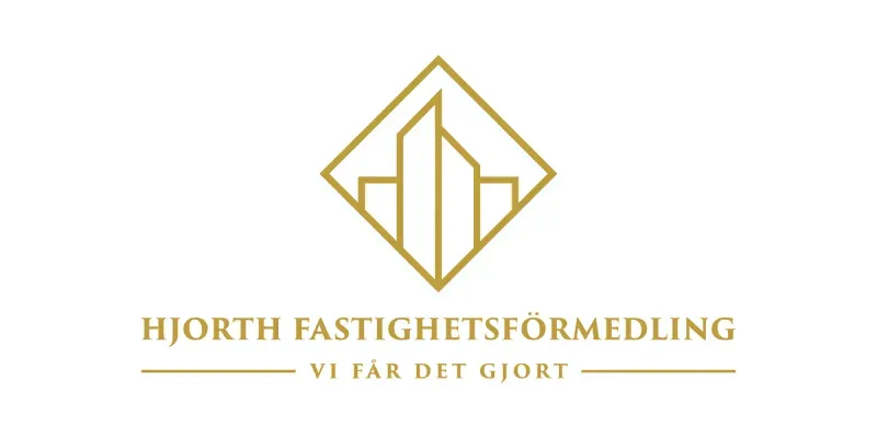 En guldvit logotyp från Hjorth Fastighetsförmedling.