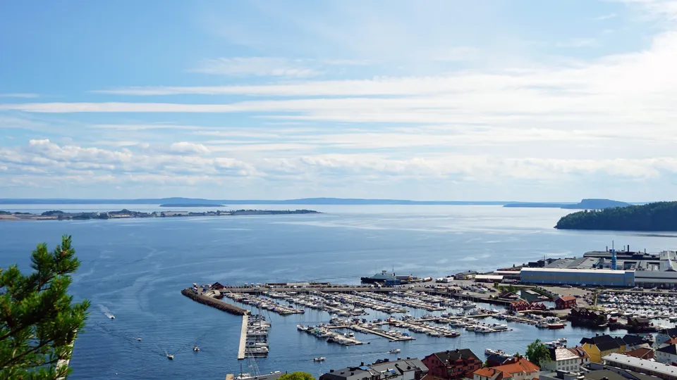 Luftfoto av en kystmarina med båter og bygninger ved fjorden.