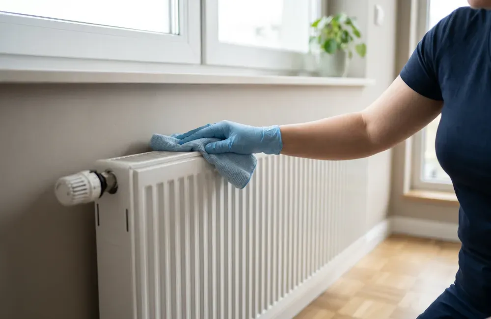 Person i blå handskar städar en vit radiator med en trasa.
