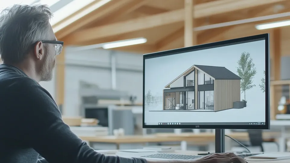 En arkitekt sitter ved en skrivepult og ser på en dataskjerm som viser et 3D-modellert design av et moderne hus med store vinduer og trekledning.