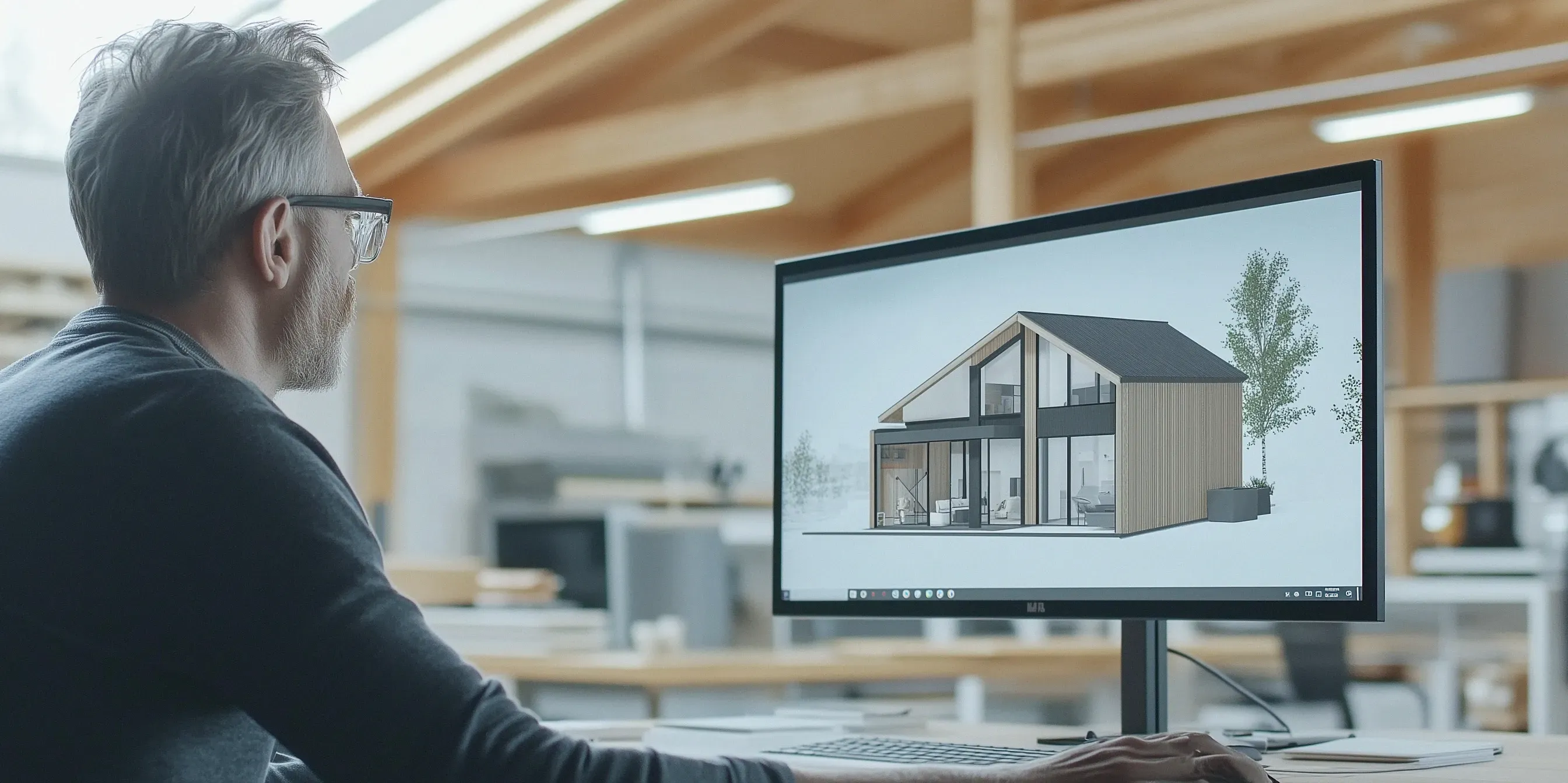 En arkitekt sitter ved en skrivepult og ser på en dataskjerm som viser et 3D-modellert design av et moderne hus med store vinduer og trekledning.