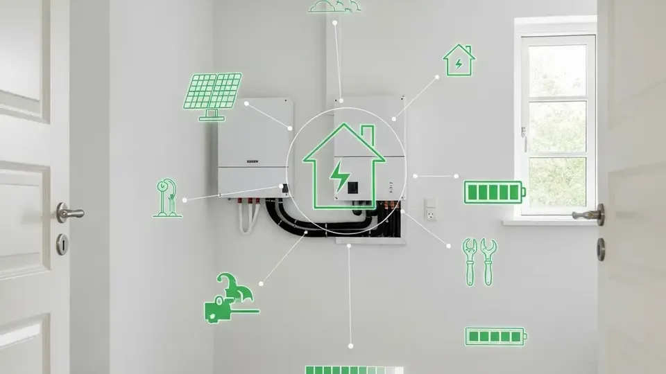 Et solcellebatteri og inverter hænger i en dansk bagggang med grafiske illustrationer af forbrug