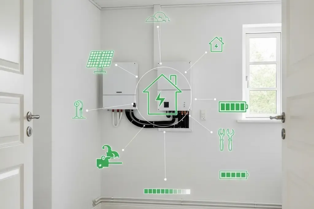 Et solcellebatteri og inverter hænger i en dansk bagggang med grafiske illustrationer af forbrug