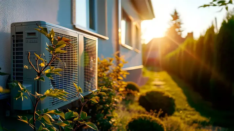 Udendørsdel af varmepumpe monteret på husmur ved solnedgang.