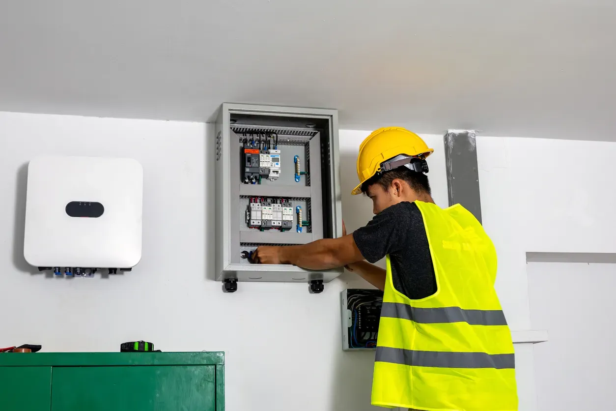Un employé de Azur Système solaire en train d'installer une batterie de stockage.