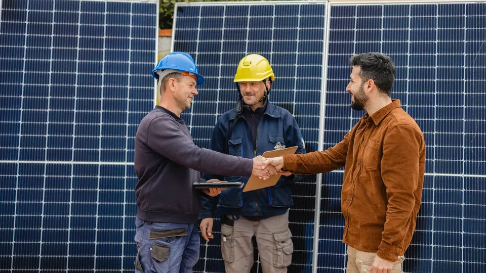 Des installateurs de panneaux et batteries solaires