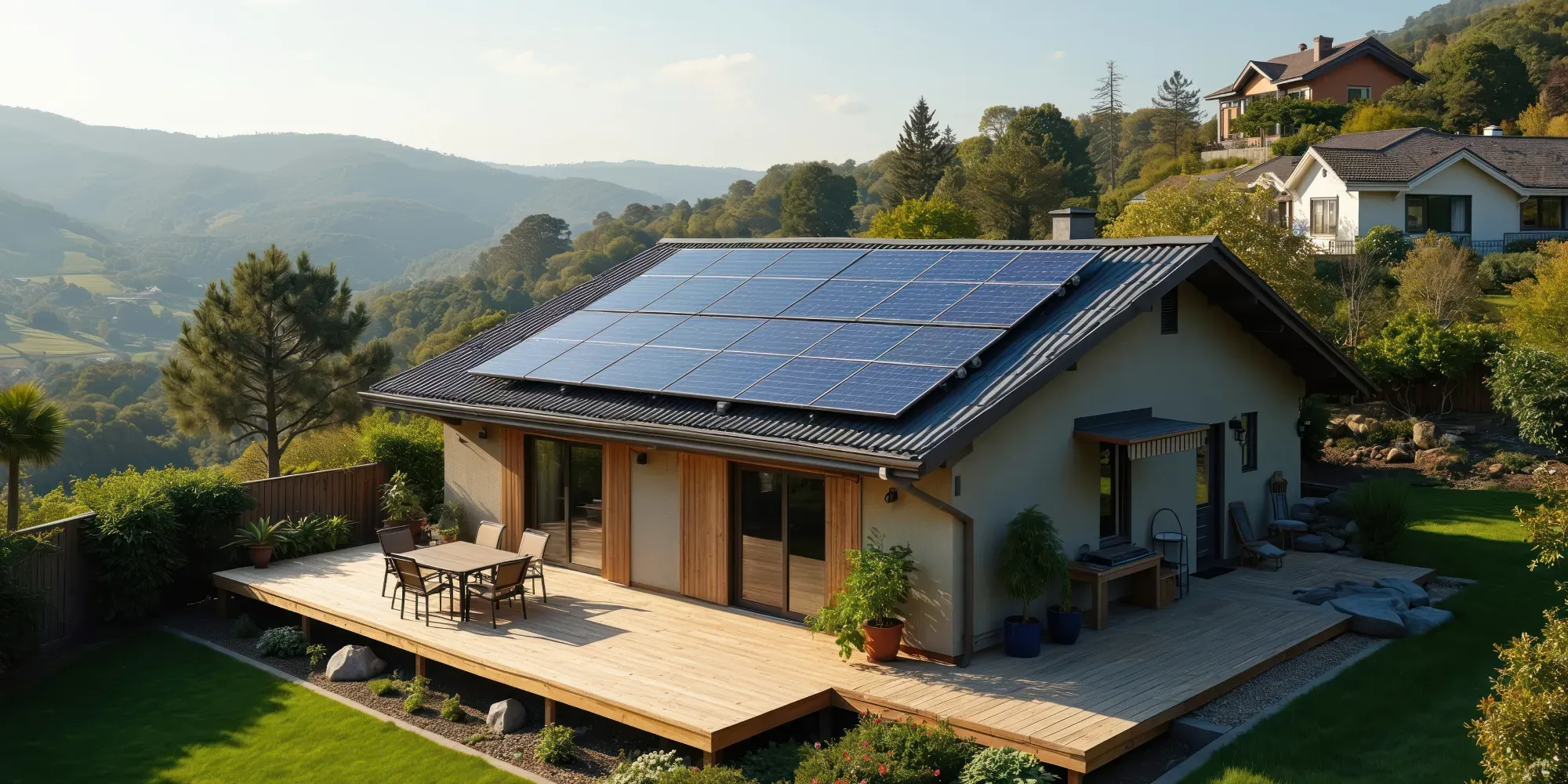 Casa moderna con paneles solares en el techo con vista a un valle montañoso.