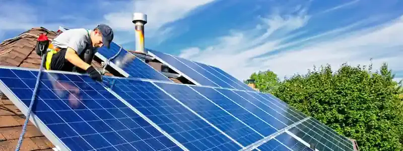 Un tecnico installa pannelli solari su un tetto spiovente in tegole sotto un cielo azzurro.