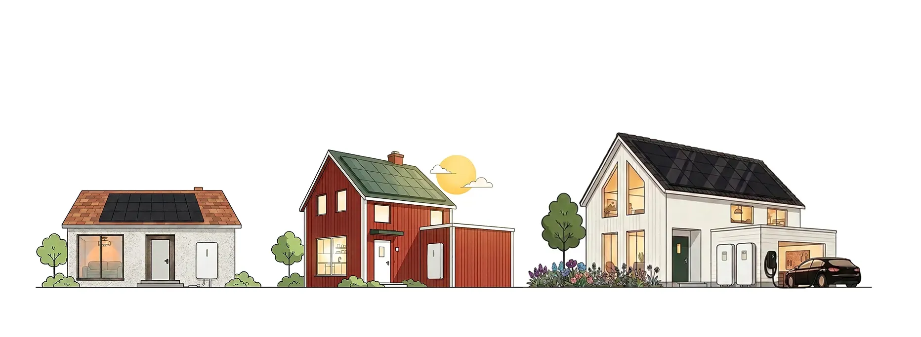 Illustration av tre hus med solpaneler på taken och hembatterier på väggen.