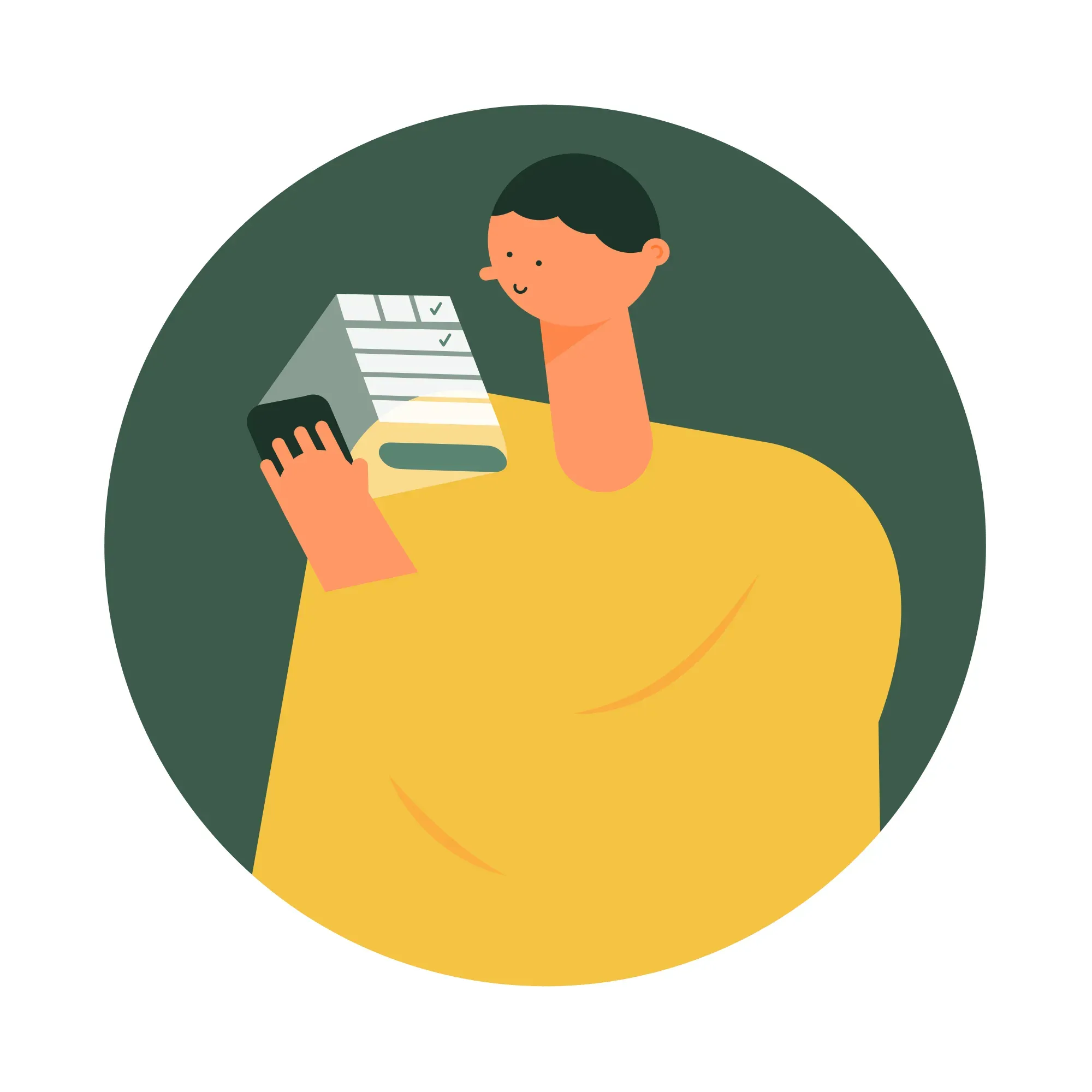 Person holding phone checking off items on a checklist.