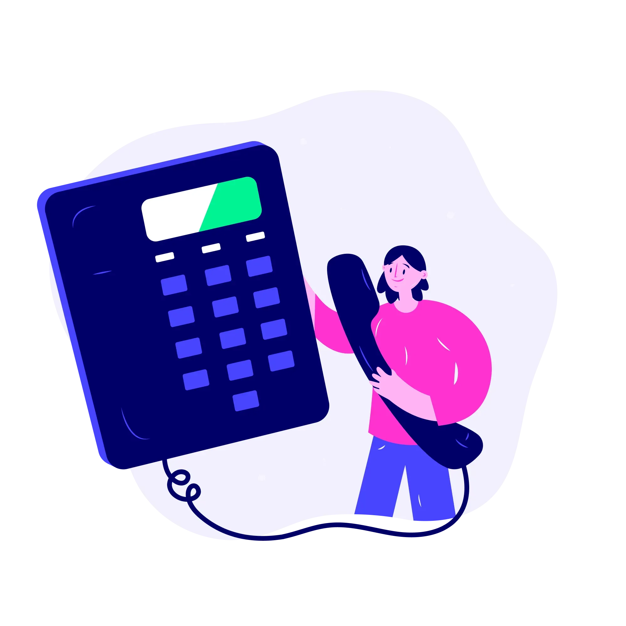 Mujer sosteniendo una calculadora grande conectada por un cable.