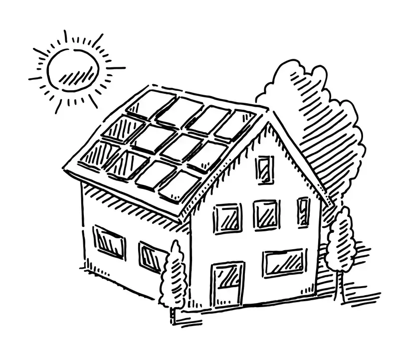 Illustration på hus med solceller på taket.