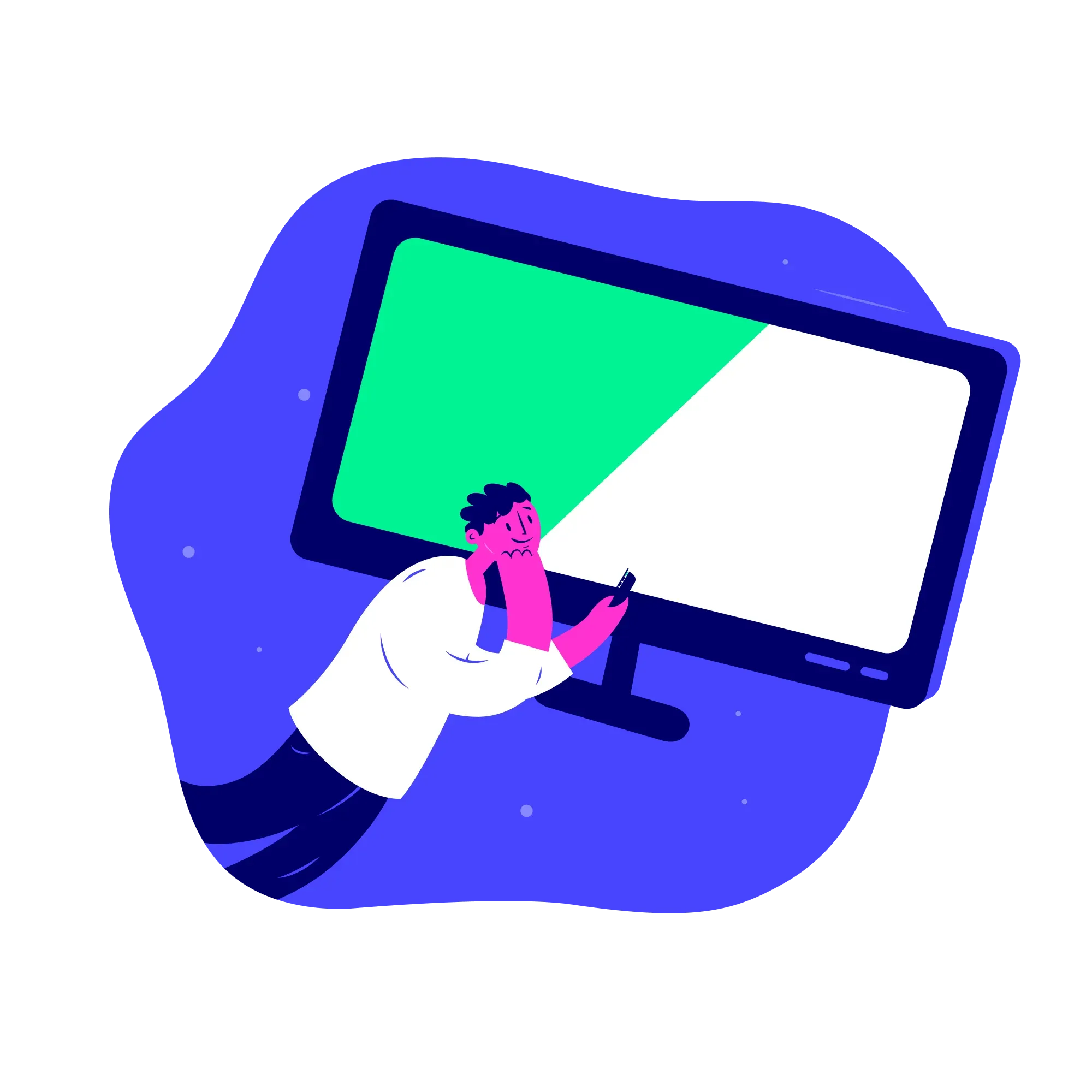 Persona gesticulando frente a un monitor de escritorio con pantalla verde y blanca.