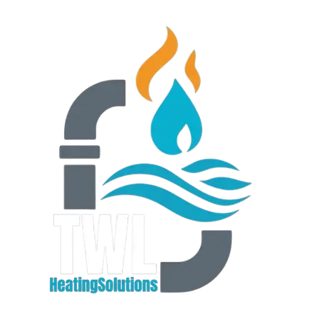 TWL Heating Solutions logo with pipe, flame, water droplet, and wave graphics.