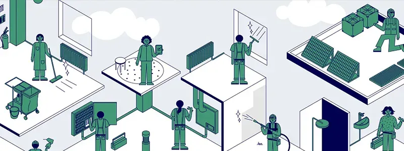 immOH! Energie- und Gebäudemanagement GmbH – Illustration verschiedener Gebäudedienstleistungen inklusive Reinigung, Wartung und Photovoltaikanlagen.
