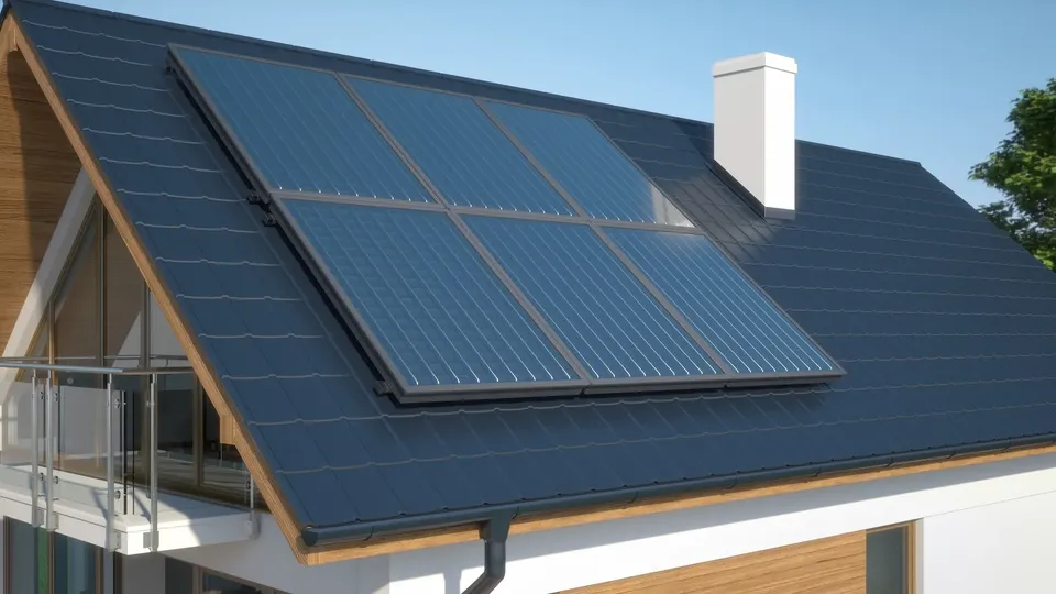 Casa moderna con tetto scuro e pannelli solari termici installati su superficie inclinata.