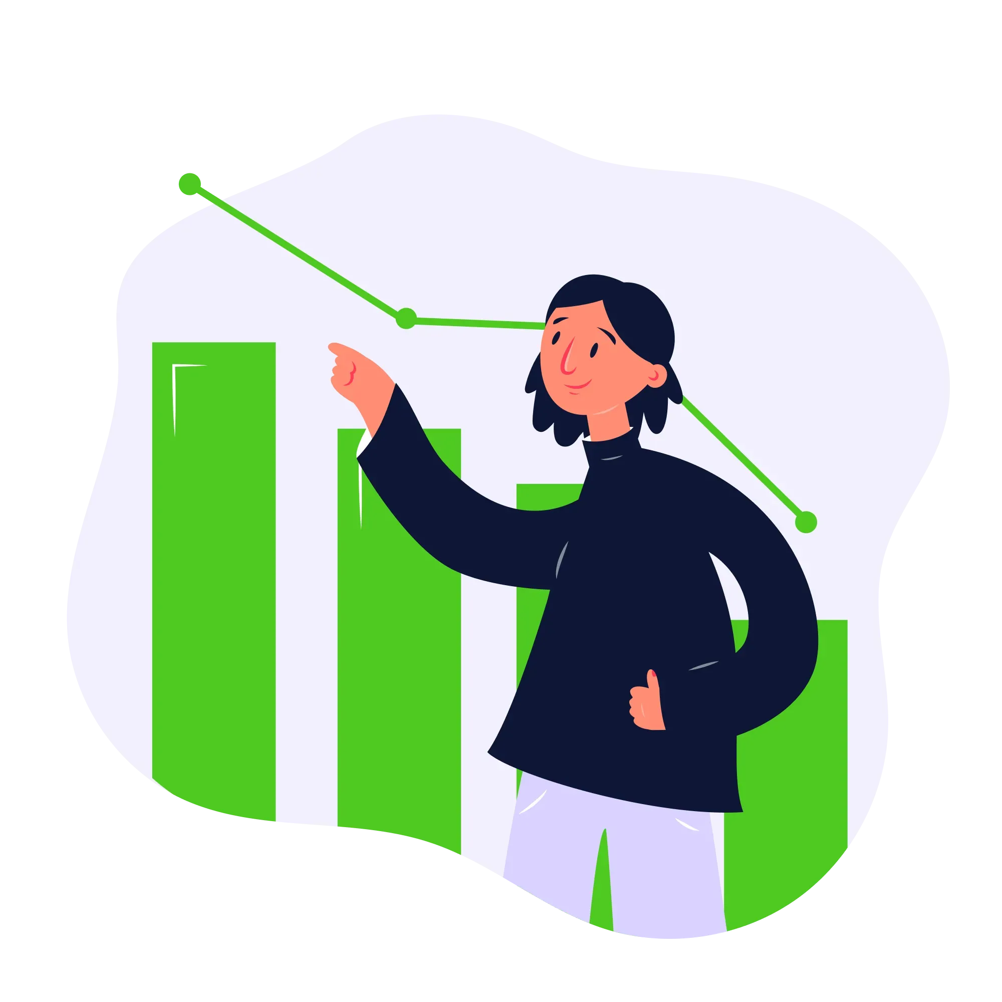 Happy person points to a graph line going up