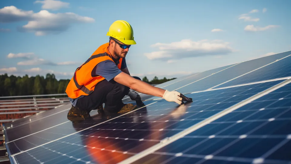 Trabajador en cuclillas sobre paneles solares para instalación o mantenimiento.