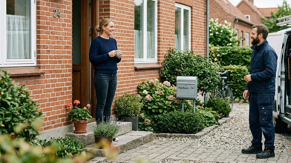 Kvinde og mand i samtale uden for indgang til murstenshus.