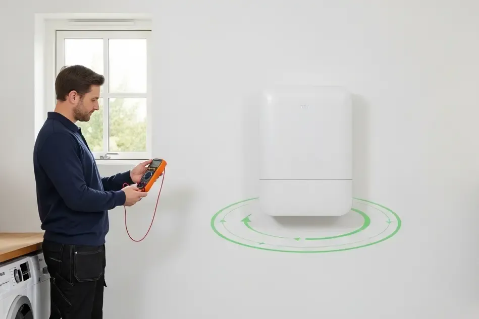 En installatør er ved at tjekke, at husstandsbatteriet fungerer optimalt