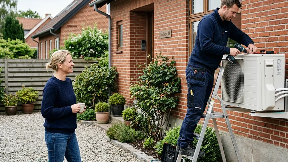 Tekniker installerer airconditionanlæg, mens husejer ser på.