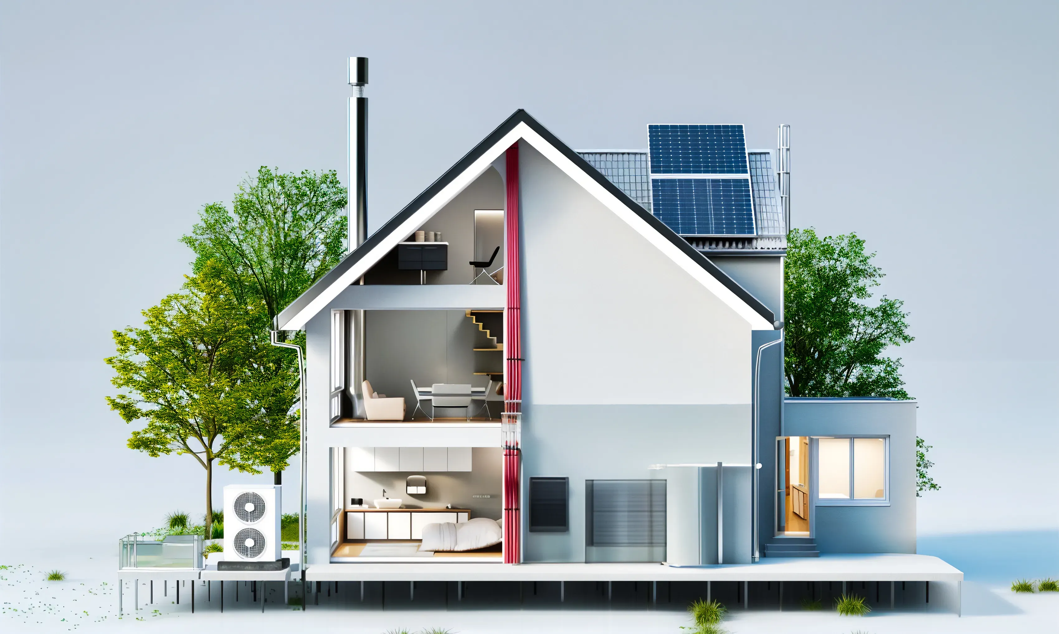 Modern house cross-section showing solar panels and heat pump system.