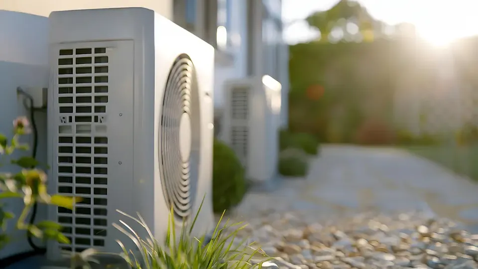 Varmepumpeenheder med ventilator installeret udendørs langs en sti.