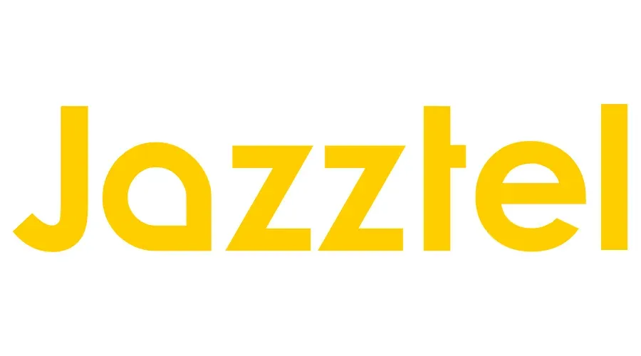 Logo de Jazztel en texto amarillo.