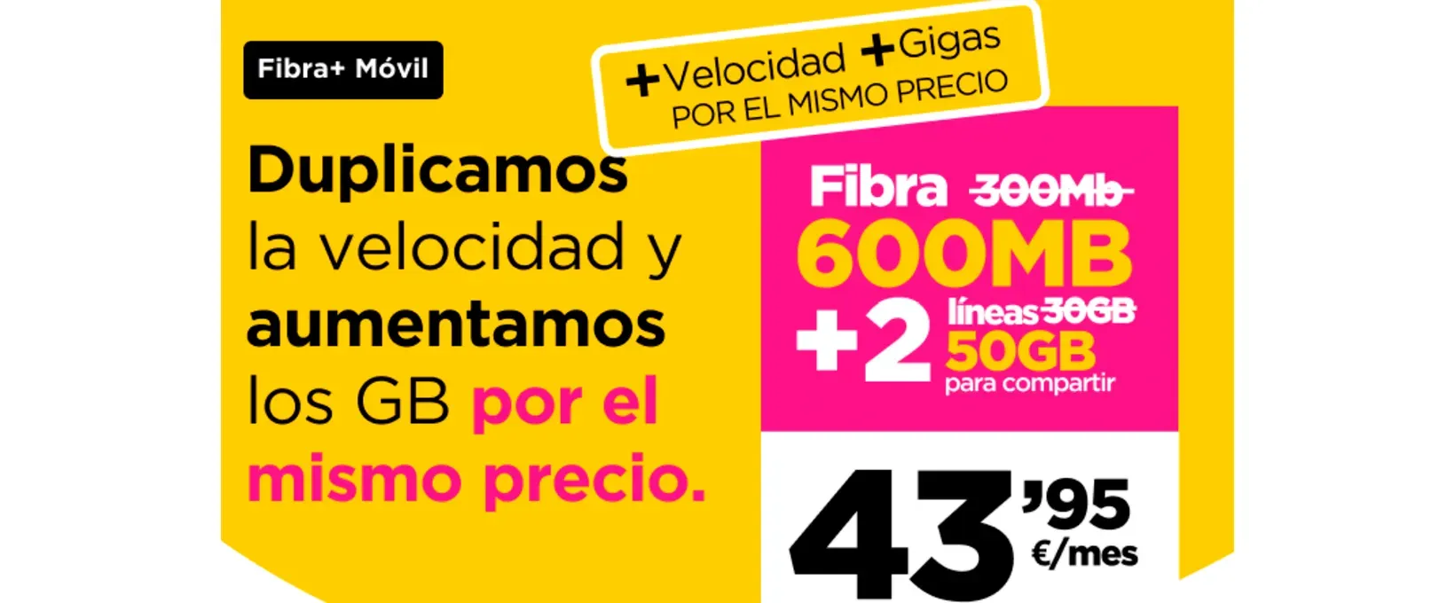 Promoción de plan de fibra móvil ofreciendo velocidad duplicada y datos aumentados al mismo precio.