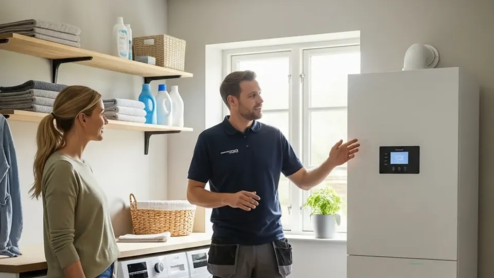 Installatør fremviser et nyt jordvarmeanlæg for en kunde.