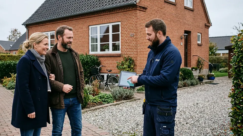 Montør viser information på tablet til boligejere foran murstenshus.