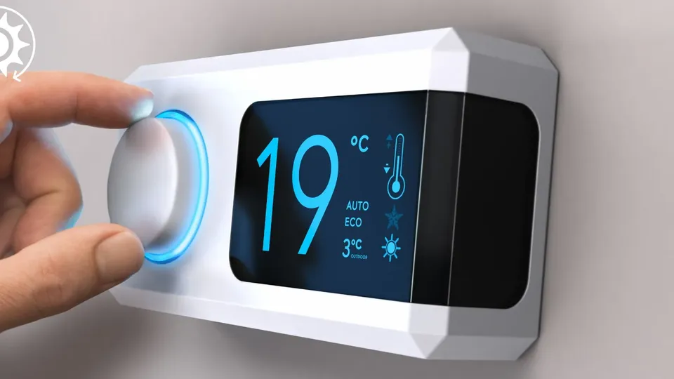 Hand stellt intelligentes Thermostat mit Anzeige von 19°C und AUTO-, ECO- sowie Außentemperatur-Modi ein.