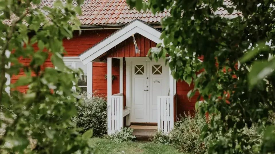Ett rött hus med vita knutar och lummigt av björk.