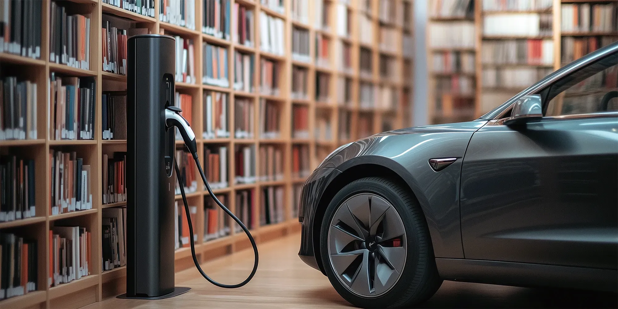 Elektrisk køretøj oplades ved ladestation på bibliotek.