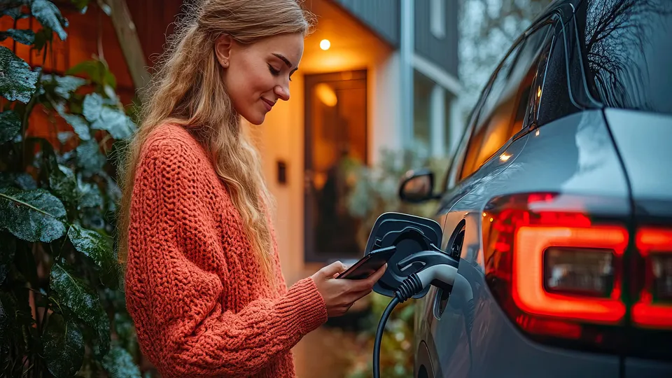 Kvinde holder smartphone mens hun oplader elektrisk køretøj derhjemme.