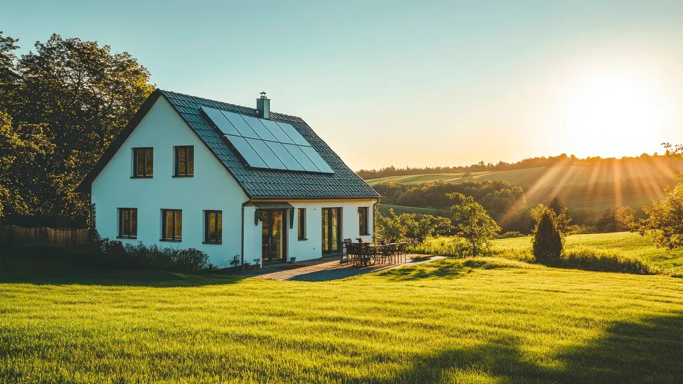 Idyllic house in the countryside with solar cells on the roof and beautiful nature in the background