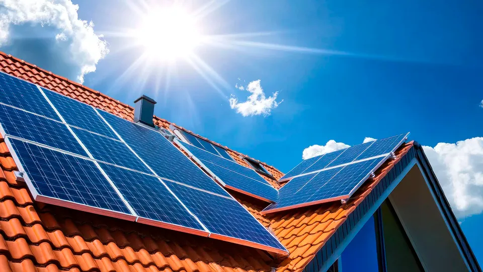Solceller installeret på rødt tag med blå himmel og sol i baggrunden
