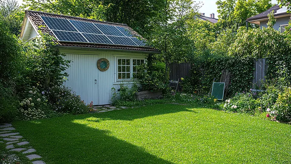 En lille kolonihave med solceller monteret på taget